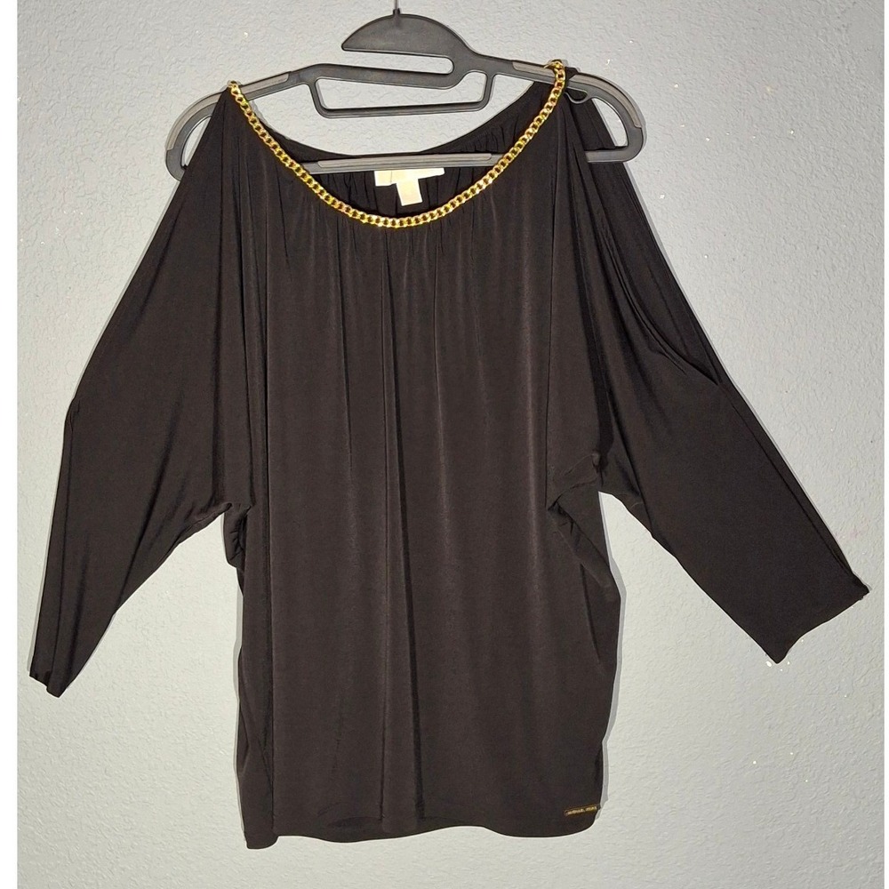 Michael Kors Black Cold Shoulder Chain Neck Batwing Blouse Top XL